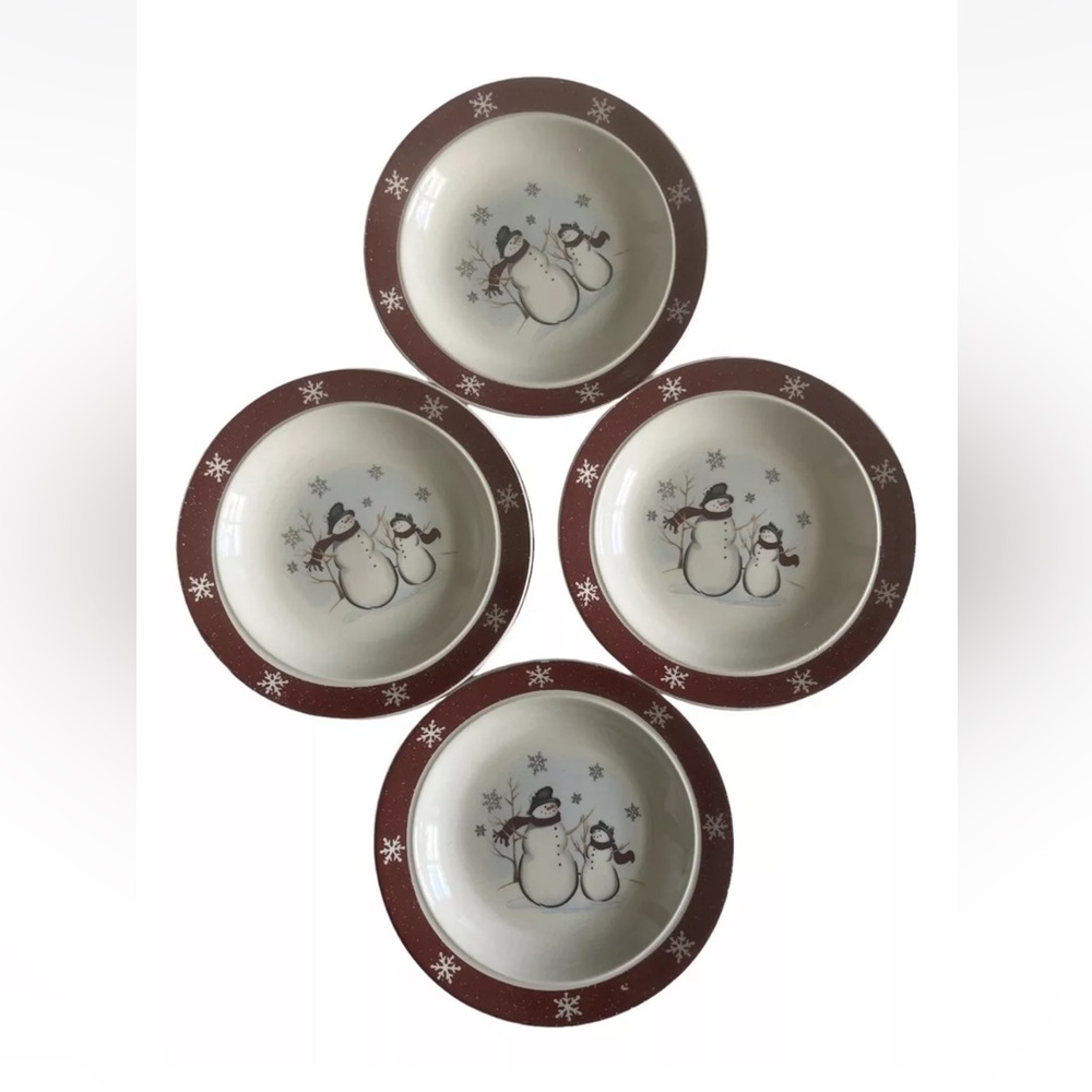 Festive Red and White Snowman Snowflake Bread and Butter Plates Set of 4